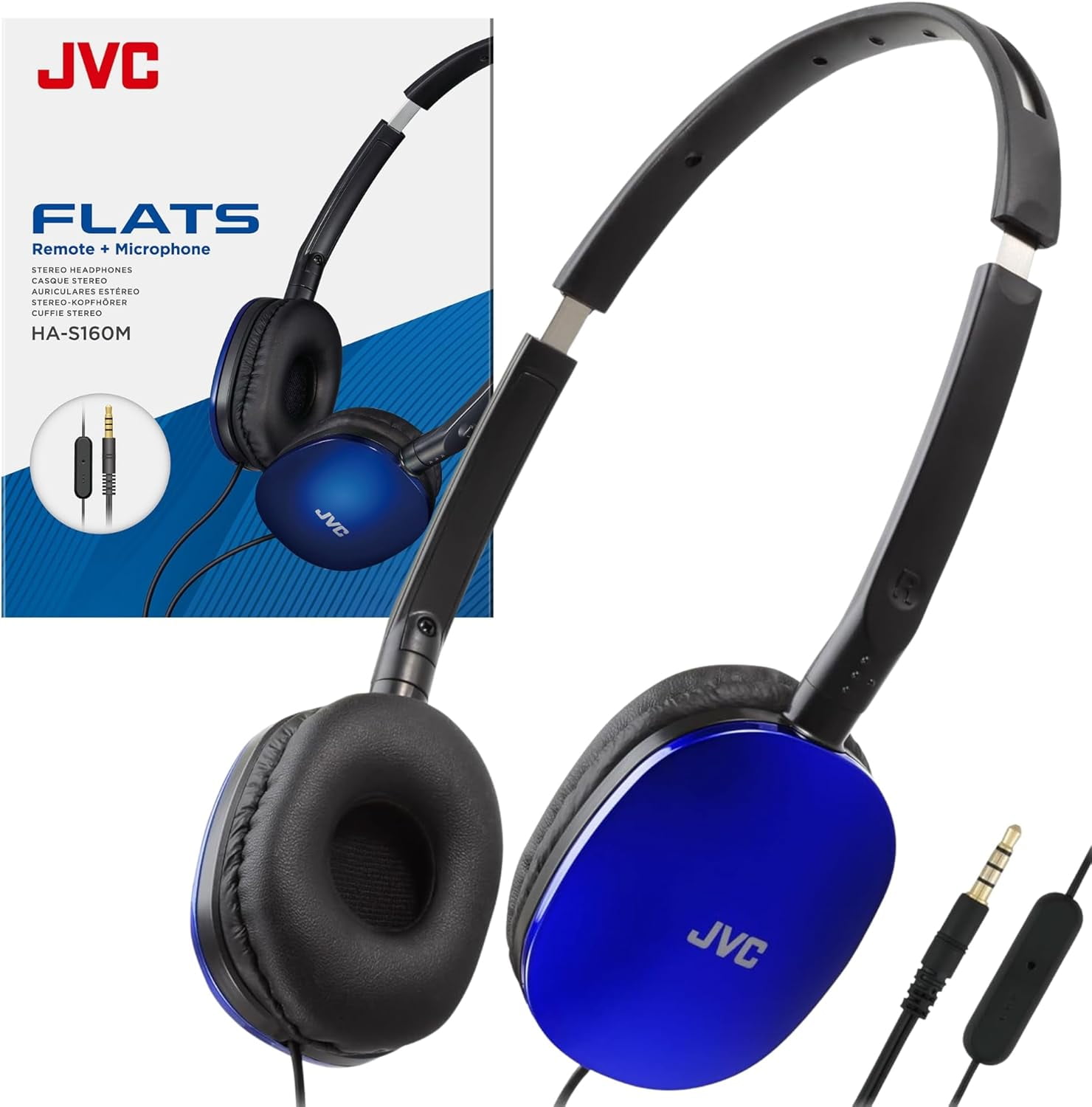 JVC Blue Flat Foldable Colorful Flats On Ear Headphones with Remote and Microphone, 3.94 Foot Gold Plated 3.5mm Slim Plug - HAS160MA, Adjustable