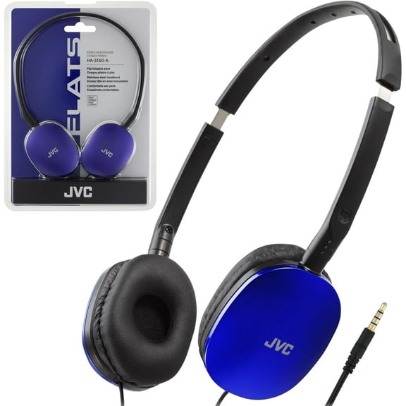 JVC Blue Flat and Foldable Colorful Flats On Ear Headphone with 3.94 foot Gold Plated Phone Slim Plug HAS160A
