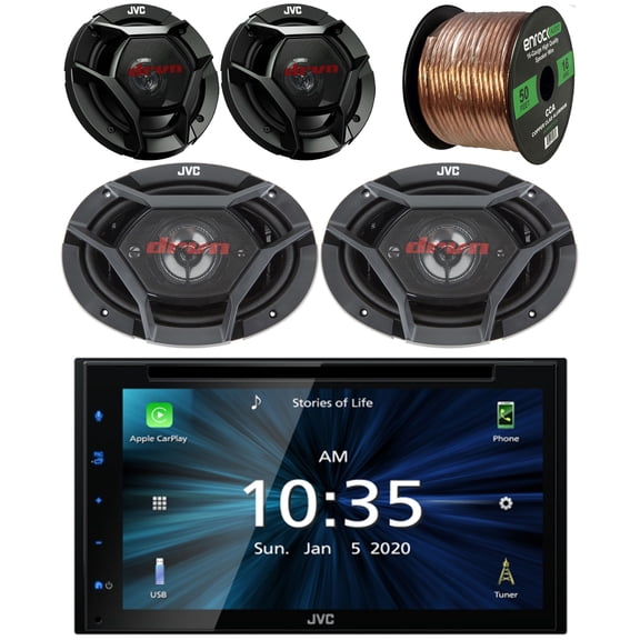 JVC Double DIN 6.8" Touchscreen AM/FM Radio Bluetooth USB DVD Stereo Receiver Bundle with (QTY2) JVC 6.5" 2-Way Coax 300W Speakers, (QTY2) JVC 550 Watt Peak 6x9" 4-Way Coax Speakers + Speaker Wire