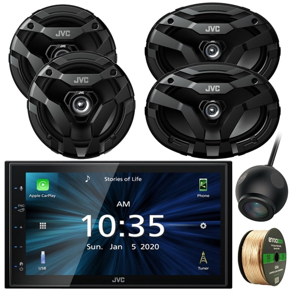 JVC Double DIN 6.8" Touchscreen AM/FM Stereo Bluetooth Digital Media Receiver with RearView Camera, 2x 6.5" 300 Watt Max 2-Way Car Speakers, 2x 6x9" 400 Watt Max 2-Way Automotive Speakers, Wire
