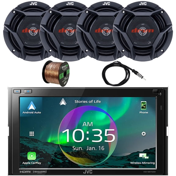 JVC Double DIN 6.8" Touchscreen HDMI/WiFi Bluetooth USB Digital Multimedia Car Radio Receiver, 4x 6.75" 300 Watt Max 2-Way Vehicle Audio Speakers, 22" Antenna, 16 Gauge 50 ft Speaker Wire
