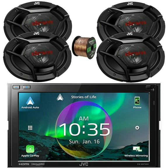 JVC Double DIN 6.8" Touchscreen HDMI/WiFi Bluetooth USB Digital Multimedia Car Radio Receiver, 4x 6x9" 500 Watt Max 3-Way Vehicle Audio Speakers, 16 Gauge 50 ft Speaker Wire