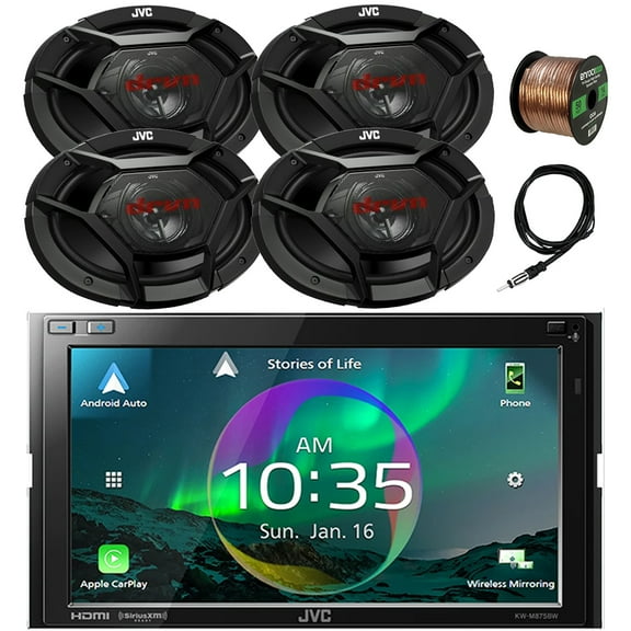 JVC Double DIN 6.8" Touchscreen HDMI/WiFi Bluetooth USB Digital Multimedia Car Radio Receiver, 4x 6x9" 500 Watt Max 3-Way Vehicle Audio Speakers, 22" Antenna, 16 Gauge 50 ft Speaker Wire