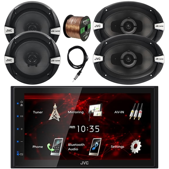 JVC Double DIN In-Dash 6.8" Touchscreen Bluetooth USB Digital Multimedia Car Radio Receiver, 2x 6.5" 300 Watt 2-Way Vehicle Speakers, 2x 6x9" 500 Watt 3-Way Automotive Speakers, Wire, 22" Antenna