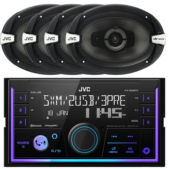 JVC Double DIN In-Dash AM/FM Radio Stereo USB Bluetooth Digital Media Car Stereo Receiver Bundle Combo with 4x 6x9" 500 Watts Peak Power 3-Way Vehicle Car Speakers