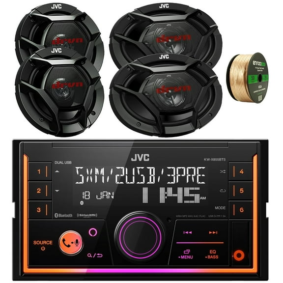 JVC Double DIN In-Dash USB/AUX Bluetooth AM/FM Digital Media Car Radio Receiver, 2x 6.5" 300 Watt Max 2-Way Vehicle Audio Speakers, 2x 6x9" 500 Watt Max 3-Way Automotive Audio Speakers w/ Wire
