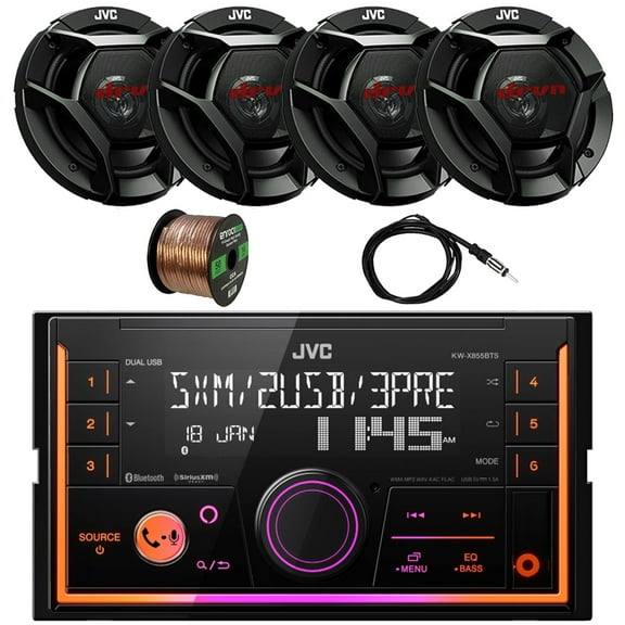 JVC Double DIN In-Dash USB/AUX Bluetooth AM/FM Digital Media Car Radio Receiver, 4x 6.5" 300 Watt Max Power 2-Way Automotive Audio Speakers, 22" Antenna, 16 Gauge 50 ft Speaker Wire