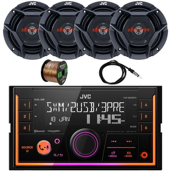 JVC Double DIN In-Dash USB/AUX Bluetooth AM/FM Digital Media Car Radio Receiver, 4x 6.75" 300 Watt Max Power 2-Way Automotive Audio Speakers, 22" Antenna, 16 Gauge 50 ft Speaker Wire