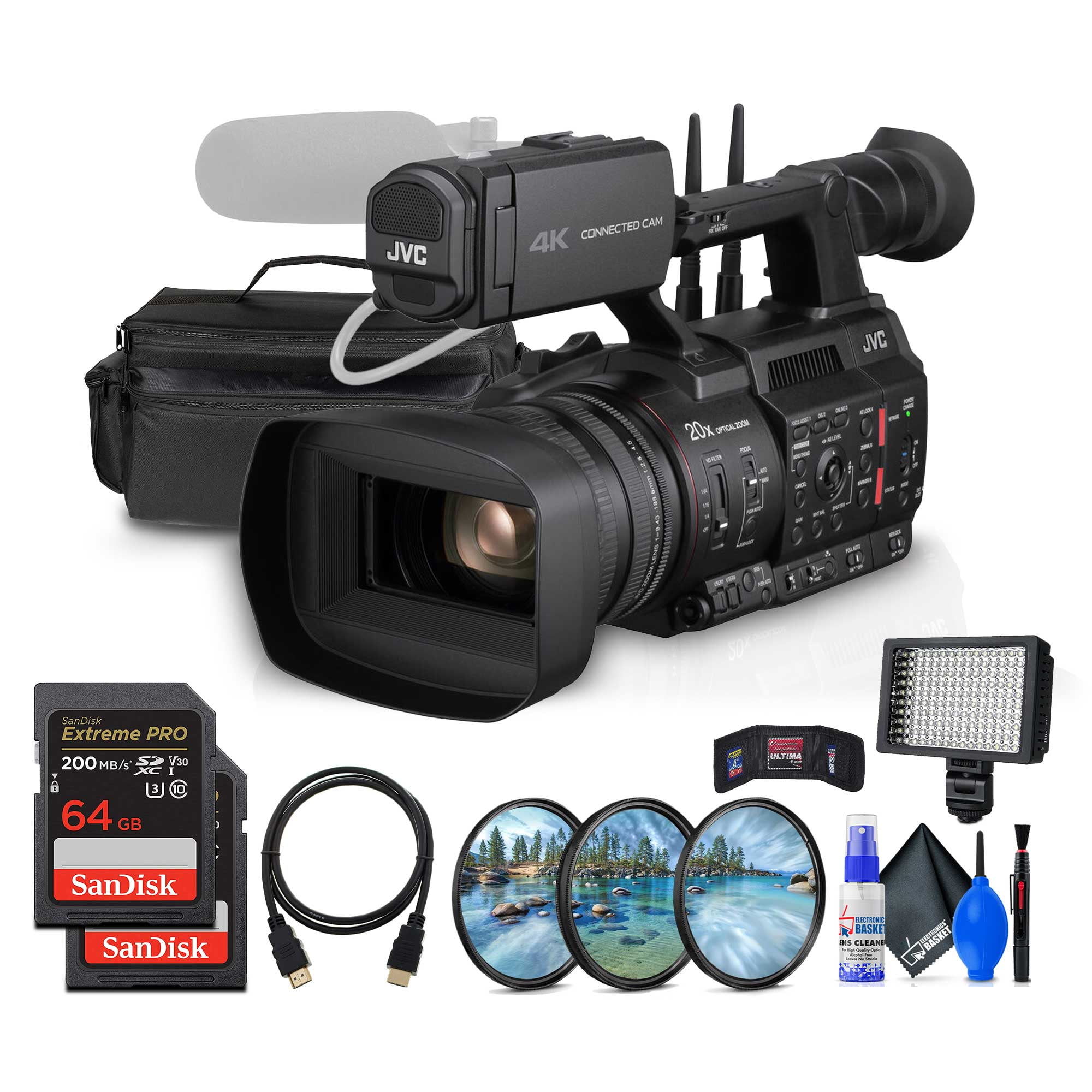 JVC GY-HC550 9.35MP 4K UHD Handheld Connected 1" 4K Broadcast Professional Camcorder (GY-HC550U) + Case + LED Light + 2 x 64GB Memory Card + Cleaning Kit + HDMI Cable + UV Filter + Card Wallet + More