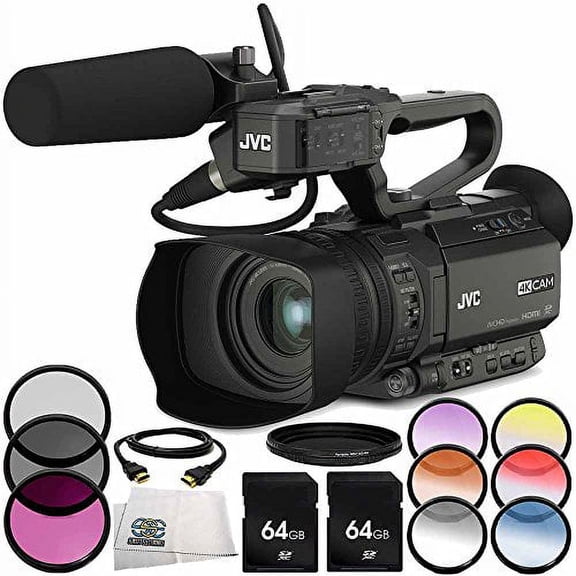 JVC GY-HM200HW House of Worship Streaming Camcorder 7PC Accessory Bundle Includes 2x 64GB SD Memory Cards 3 Piece Filter Kit (UV + CPL + FLD) + 6PC Graduated Filter Kit + MORE