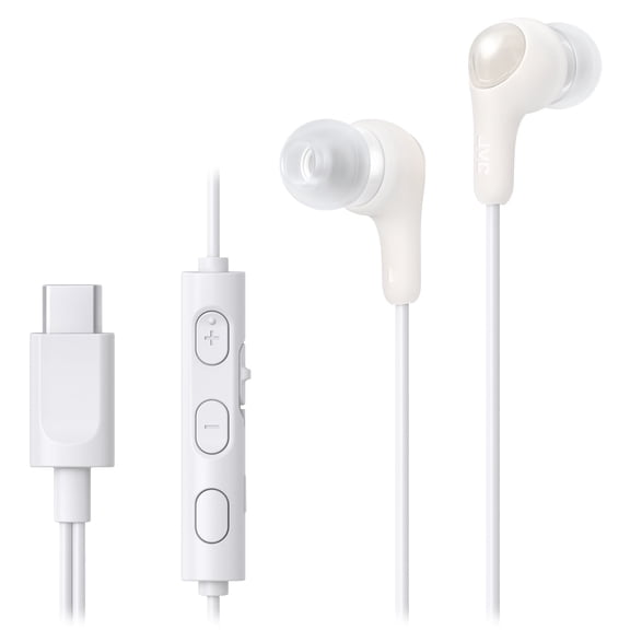JVC Gumy Connect USB-C Wired Earbuds Headphones, Delay-Free for Videos and Gaming, Built-in DAC Reduces Noise and Improves Sound Quality, 9.2 mm Diameter Neodymium Drivers - HAFR9UCW (White)
