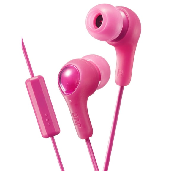 JVC Gumy Plus In Ear Earbuds Headphones with Mic and Remote, Powerful Sound, Comfortable and Secure Fit - HAFX7MP (Pink)