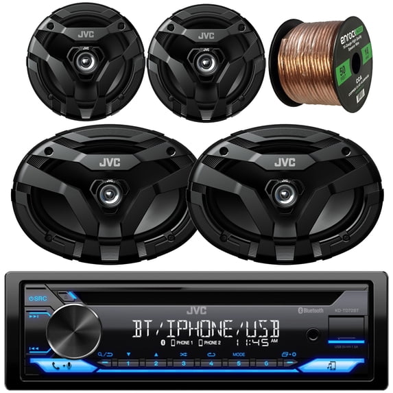 JVC In-Dash Bluetooth USB AUX AM/FM Radio CD Audio Stereo Receiver Bundle with (QTY 2) JVC 6.5" 2-Way Coax 300 Watts Peak Speakers, (QTY 2) JVC 6x9" 2-Way Coax 400 Watts Car Speakers + Speaker Wire