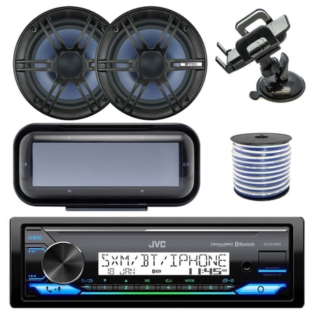 JVC In-Dash Marine Boat Bluetooth Radio USB Receiver Bundle Combo with Pair of Enrock 6.5" Coaxial 2-Way Speakers, Stereo Waterproof Cover, Griplox Suction Phone Mount, 18g 50ft Speaker Wire