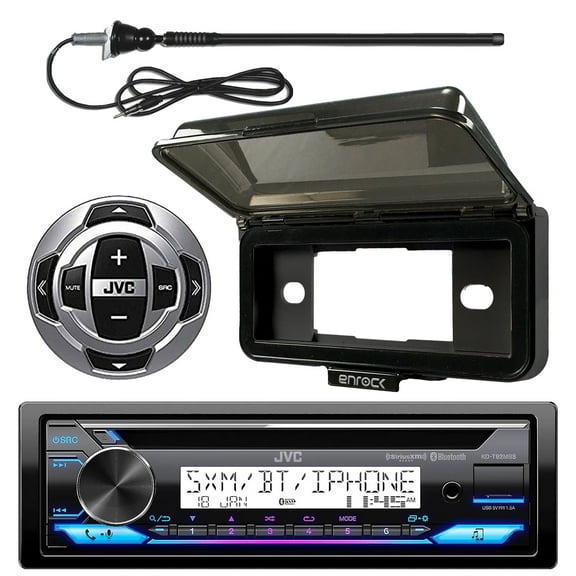 JVC In-Dash Marine Boat Yacht Bluetooth Radio USB Stereo Receiver CD Player Bundle Combo with Remote Control, Enrock Dash Kit Protector UV-Resistant Weather Shield Receiver Cover, Radio Antenna