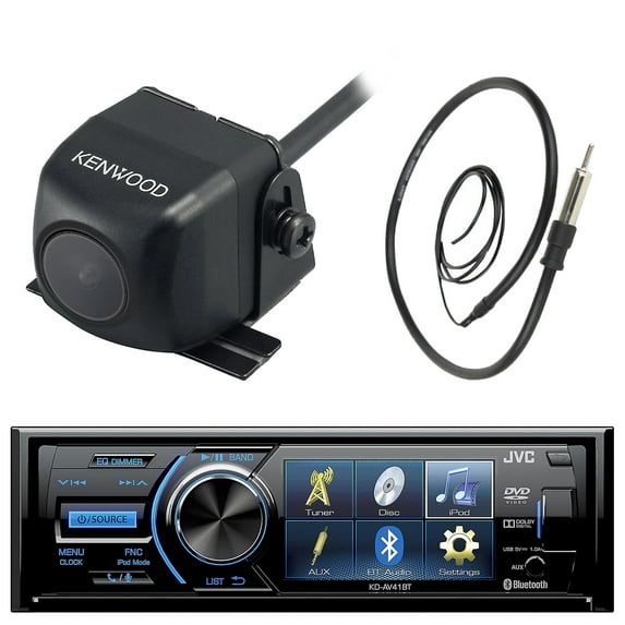 JVC KD-AV41BT 3" Inch Display Car CD DVD USB Bluetooth Stereo Receiver Bundle Combo With Kenwood Rearview Wide Angle View Backup Camera, Enrock 22" AM/FM Radio Antenna