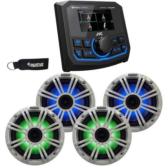 JVC KD-MR1BTS Bluetooth Marine Receiver w/ Two Pairs of Kicker LED Marine OEM Replacement Speakers - White