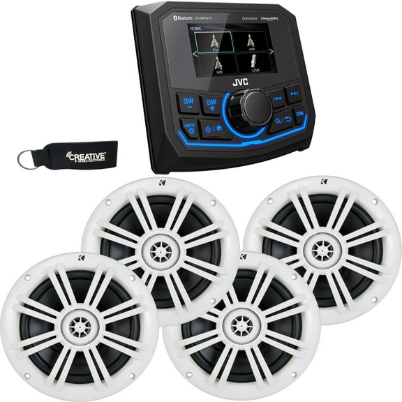 JVC KD-MR1BTS Bluetooth Marine Receiver w/ Two Pairs of Kicker Marine OEM Replacement Speakers - White