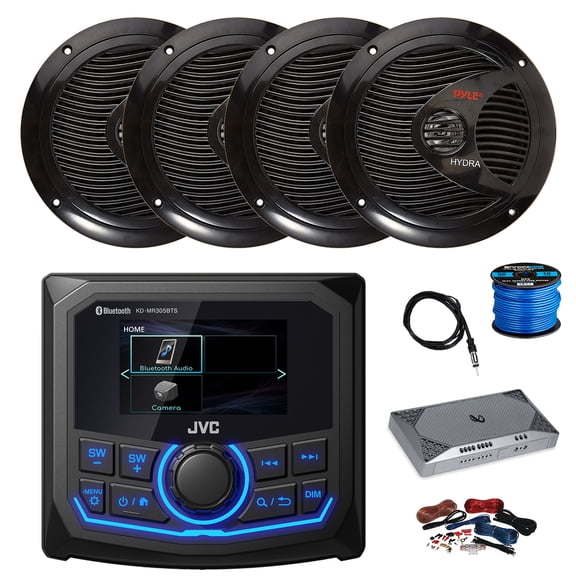 JVC KD-MR305BTS Marine 2.7" Bluetooth AM/FM/Weatherband Radio Receiver, 4-Channel Amplifier w/Install Kit, 4X 6.5" 150 Watt 2-Way Dual Cone Full Range Audio Speakers (Black) w/ Wire, Antenna