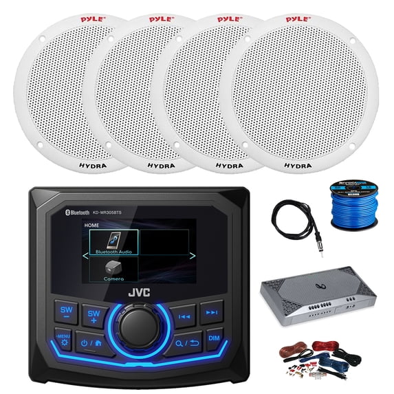 JVC KD-MR305BTS Marine 2.7" Bluetooth AM/FM/Weatherband Radio Receiver, 4-Channel Amplifier w/Install Kit, 4X 6.5" 150 Watt 2-Way Dual Cone Full Range Audio Speakers (White) w/ Wire, Antenna