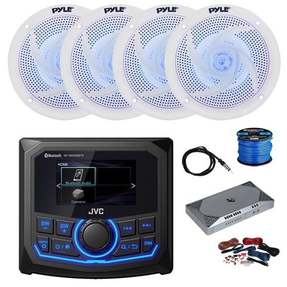 JVC KD-MR305BTS Marine 2.7" Bluetooth AM/FM/Weatherband Radio Receiver, 4-Channel Amplifier w/ Kit, 4X 5.25" 180 Watt 2-Way Slim Low Profile Blue Flashing LED Audio Speakers (White) w/ Wire, Antenna