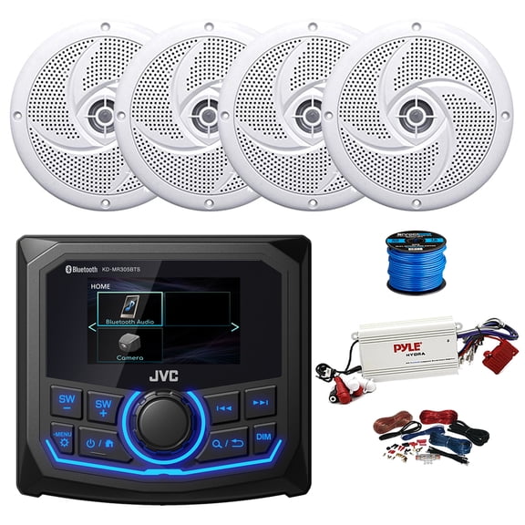 JVC KD-MR305BTS Marine 2.7" Bluetooth AM/FM/Weatherband Radio Receiver, 4-Channel Bluetooth Amplifier w/Install Kit, 4X 5.25" 180 Watt 2-Way Slim Low Profile Audio Speakers (White) w/ Wire