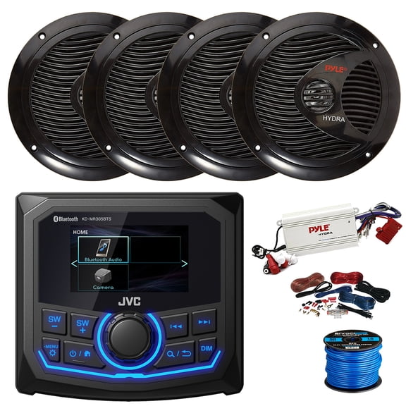 JVC KD-MR305BTS Marine 2.7" Bluetooth AM/FM/Weatherband Radio Receiver, 4-Channel Bluetooth Amplifier w/Install Kit, 4X 6.5" 150 Watt 2-Way Dual Cone Full Range Audio Speakers (Black) w/ Wire