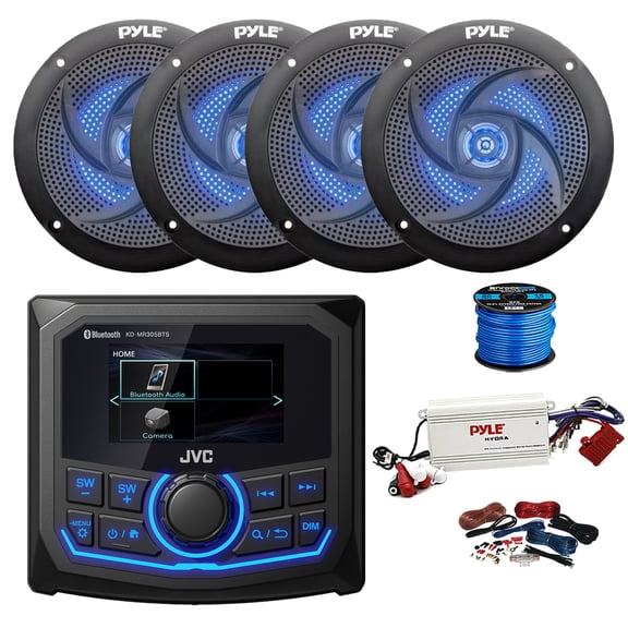 JVC KD-MR305BTS Marine 2.7" Bluetooth AM/FM/Weatherband Radio Receiver, 4-Channel Bluetooth Amplifier w/ Kit, 4X 5.25" 180 Watt 2-Way Low Profile Blue Flashing LED Audio Speakers (Black) w/ Wire
