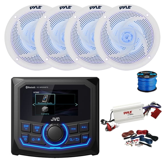 JVC KD-MR305BTS Marine 2.7" Bluetooth AM/FM/Weatherband Radio Receiver, 4-Channel Bluetooth Amplifier w/ Kit, 4X 5.25" 180 Watt 2-Way Low Profile Blue Flashing LED Audio Speakers (White) w/ Wire