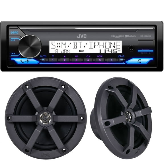 JVC KD-PKX38MBS Single DIN Mechless USB AUX Bluetooth Car Digital Media Stereo Receiver With 1 Pair (QTY 2) JVC CS-MS620 6.5" 2-Way 100 Watts Max Power Water Black Resistant Marine Speakers.