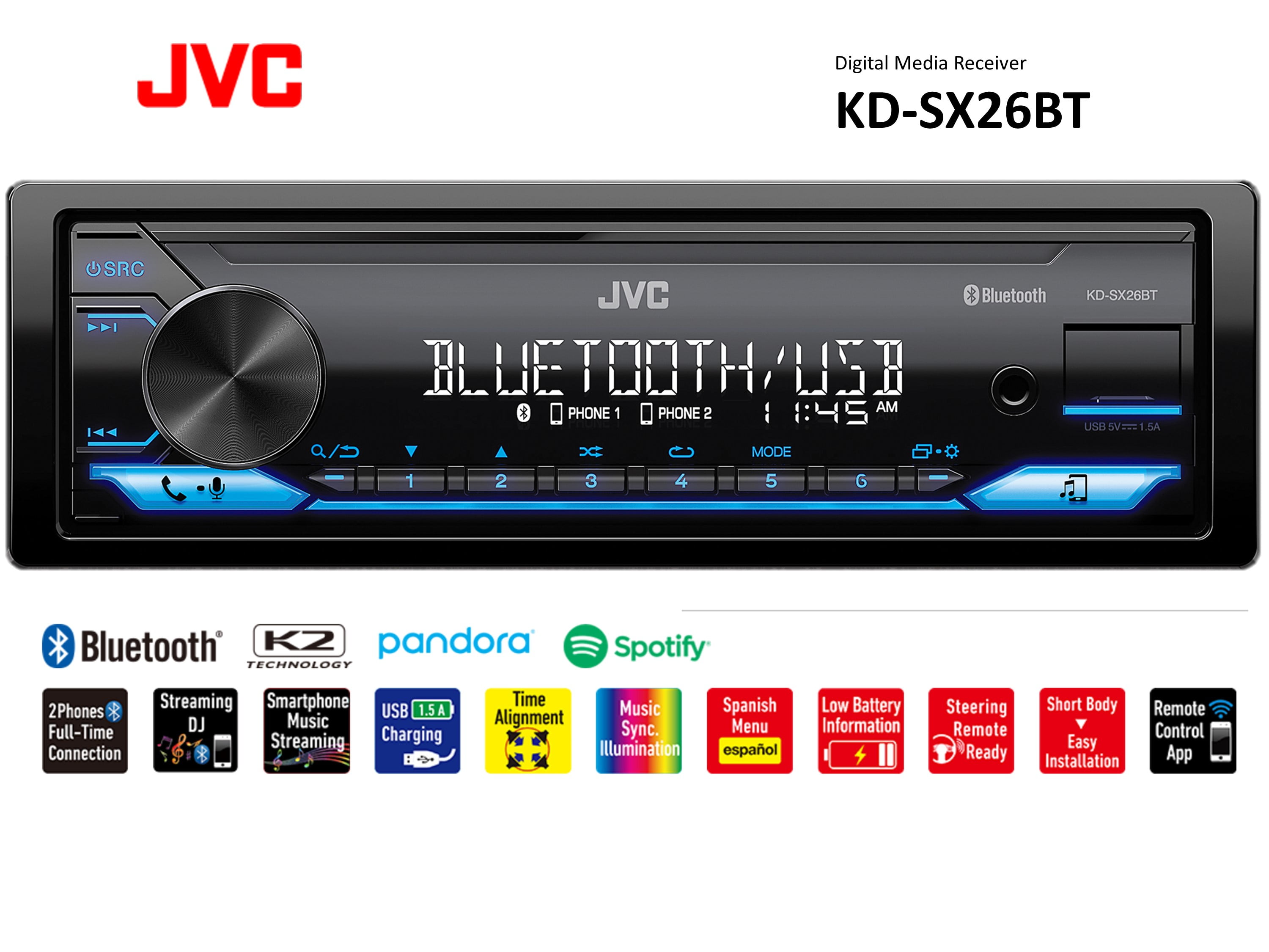 JVC KD-SX26BT Single Din Car Stereo, w/High Power Amplifier, AM/FM Radio,  Bluetooth Audio, USB, MP3 Player. Built for Smartphones