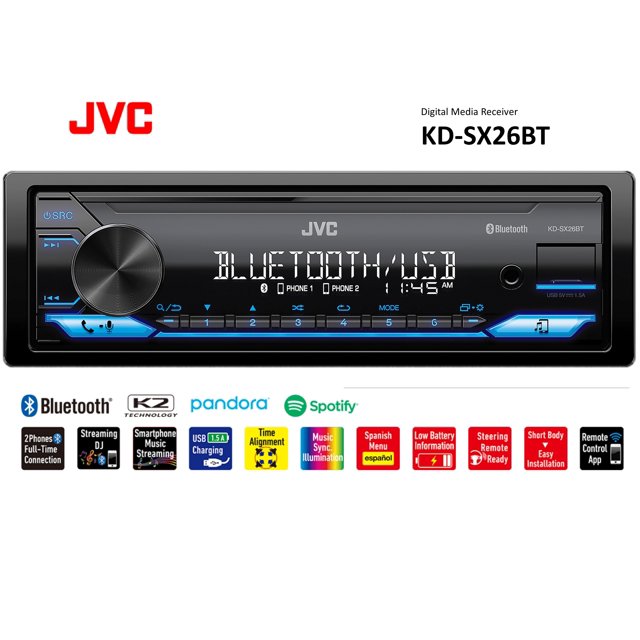 JVC KDSX26BT Single Din Car Stereo, w/High Power Amplifier, AM/FM