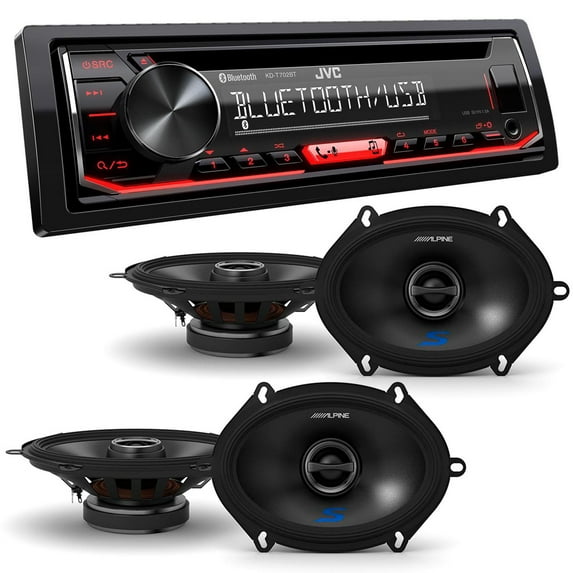 JVC KD-T720BT 1-DIN CD Receiver with Bluetooth Wireless Technology and USB/AUX Input with Alpine 2 Pairs S-S57 6x8/5x7" Coax Speakers