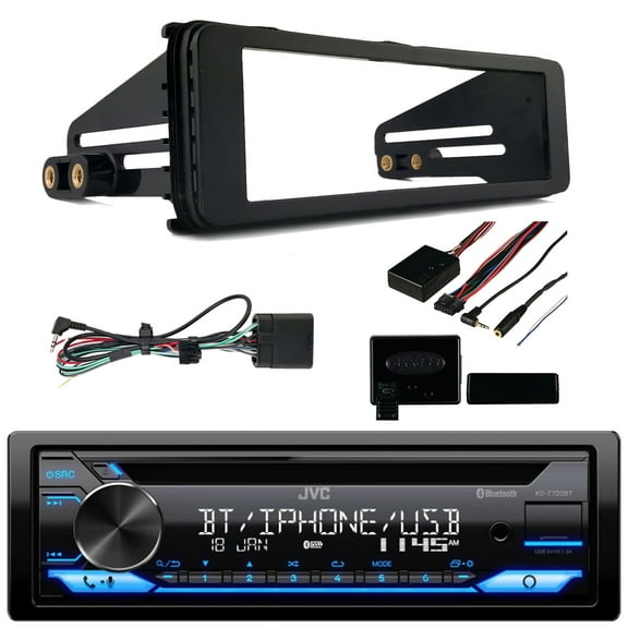 JVC KD-T720BT Single DIN AM/FM Radio Stereo USB AUX Bluetooth CD Player Multimedia Car Audio Receiver,98-2013 Harley Install Adapter/Install Dash Kit, Handlebar Control Interface