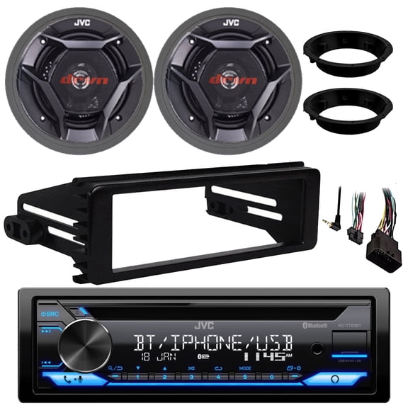 JVC KD-T720BT Single DIN Bluetooth USB/AUX CD Player AM/FM Radio Multimedia Stereo Receiver w/Install Kit, 2x 6.5" 300W Max 2-Way Speakers w/Adapters, 2x Adjustable Speaker Baffle (Fits 1998-2013 HD)