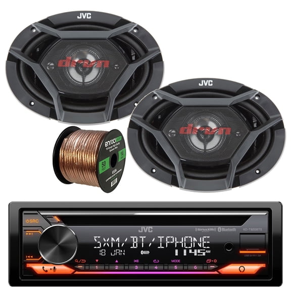 JVC KD-T910BTS Single DIN In-Dash CD Player Bluetooth USB AUX AM/FM Radio Receiver Bundle Combo with 2x 6x9" 4-Way 550 Watt Peak Power Factory Upgrade Coaxial Car Audio Speakers and 16G Speaker Wire