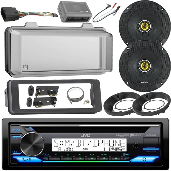 JVC KD-T91MBS CD Player Bluetooth USB AUX AM/FM Radio Receiver with Radio Cover, 2x Kicker 6.5" 300W 2-Way Speakers with Adaptors, Handlebar Controls (Bundle Fits Select 1998-2013 Harley Motorcycles)