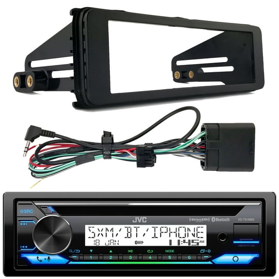 JVC KD-T91MBS Single DIN Marine Boat CD Player MP3 USB AUX Bluetooth Stereo Radio Receiver, Enrock 1-DIN Stereo Installation Kit (Bundle Fits Select Fits 1998-2013 Harley Davidson Motorcycles)