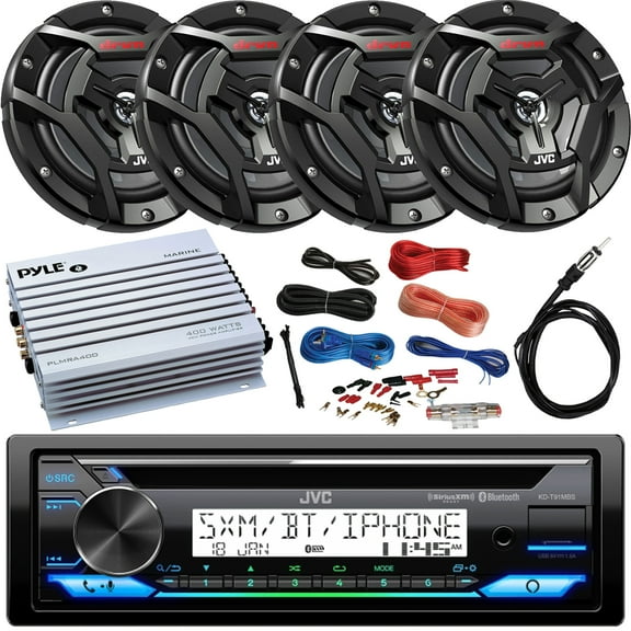 JVC KD-T91MBS Single DIN Marine CD Player USB AUX Receiver Bundle Combo With 4x 6.5" 150W 2-Way Coaxial Black Audio Speakers + Pyle 4-Channel Waterproof Marine Amplifier + Antenna + Amp Wiring Kit