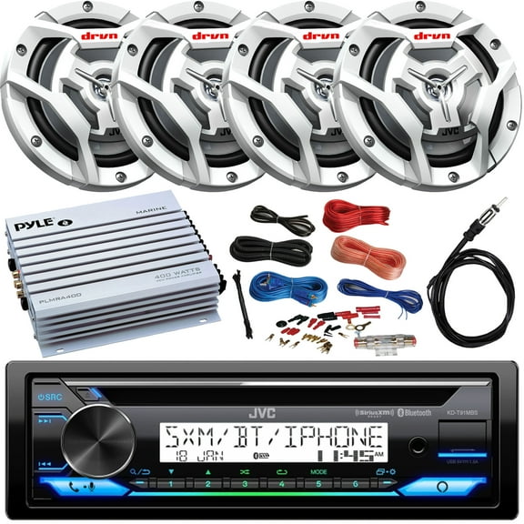 JVC KD-T91MBS Single DIN Marine CD Player USB AUX Receiver Bundle Combo With 4x 6.5" 150W 2-Way Coaxial White Audio Speakers + Pyle 4-Channel Waterproof Marine Amplifier + Antenna + Amp Wiring Kit