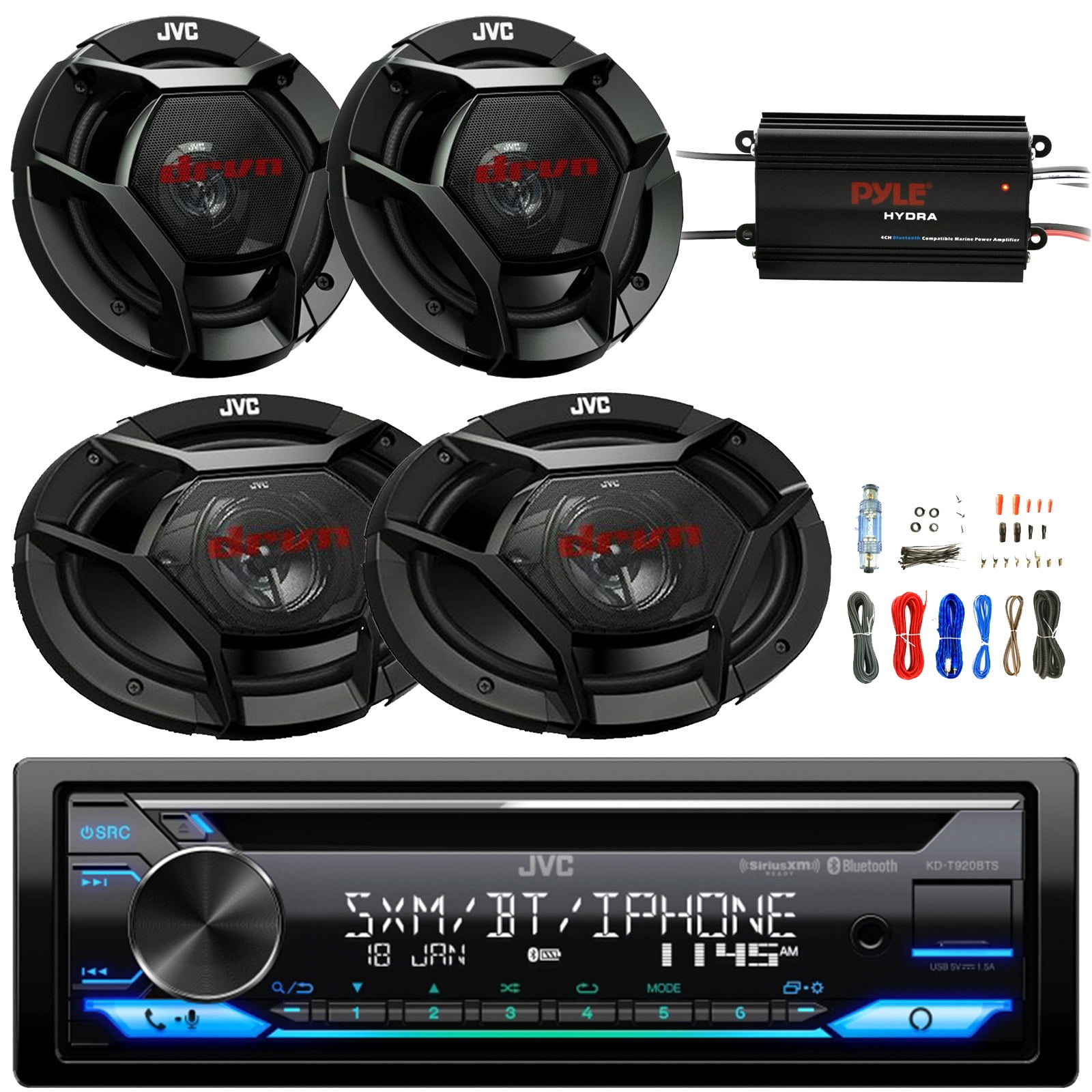 JVC KD-T920BTS 300W Peak 6.5" 2-Way & 500W Peak 6x9" 3-Way Car Speakers Bundle, Black