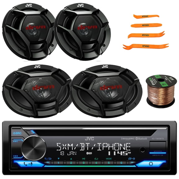 JVC KD-T920BTS Single DIN Bluetooth USB/AUX CD Player AM/FM Amazon Alexa Built-In Car Receiver, 2x 6.5" 300W Max 2-Way Speakers, 2x 6x9" 500W Max 3-Way Speakers, Wire, 4-Piece Removal Pry Tool Set