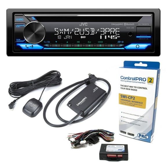 JVC KD-T925BTS CD Receiver featuring Bluetooth, Front & Rear Dual USB, Sirius XM, Amazon Alexa, 13-Band EQ, with SXV300v1 Satellite Radio Tuner and PAC SWI-CP2 Steering Wheel Interface