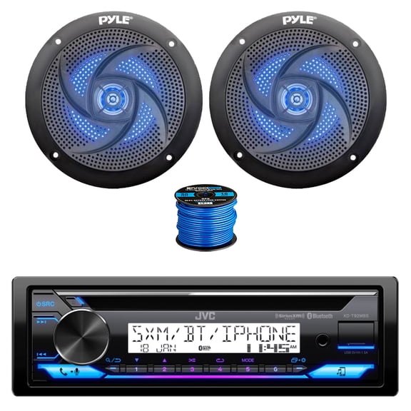 JVC KD-T92MBS Single DIN Marine Bluetooth AM/FM Stereo CD Player Receiver, 2x 5.25" 180 Watt 2-Way Slim Low Profile Blue Flashing LED Audio Speakers (Black) w/ Wire