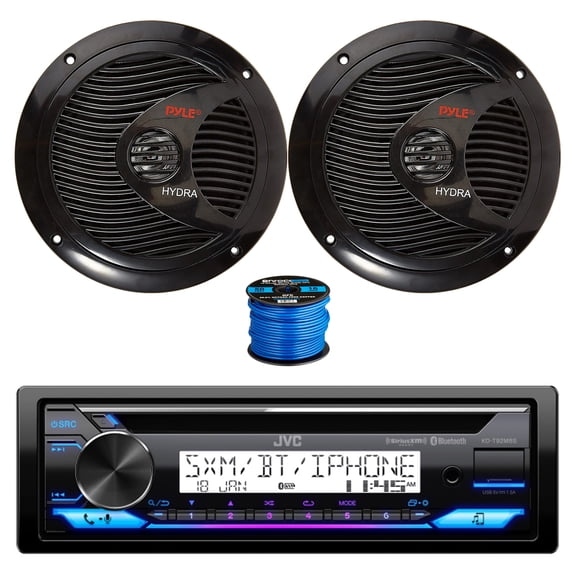 JVC KD-T92MBS Single DIN Marine Bluetooth AM/FM Stereo CD Player Receiver, 2x 6.5" 150 Watt 2-Way Dual Cone Full Range Audio Speakers (Black) w/ Wire