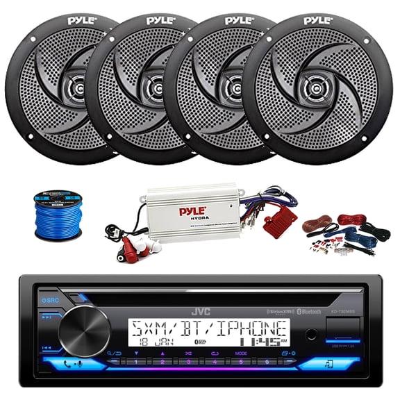JVC KD-T92MBS Single DIN Marine Bluetooth AM/FM Stereo CD Player Receiver, 4-Channel Bluetooth Amplifier w/Install Kit, 4X 5.25" 180 Watt 2-Way Slim Low Profile Audio Speakers (Black) w/ Wire
