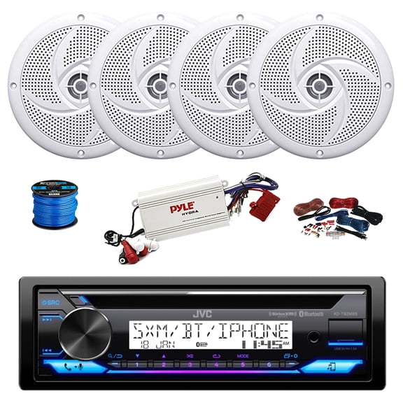 JVC KD-T92MBS Single DIN Marine Bluetooth AM/FM Stereo CD Player Receiver, 4-Channel Bluetooth Amplifier w/Install Kit, 4X 5.25" 180 Watt 2-Way Slim Low Profile Audio Speakers (White) w/ Wire