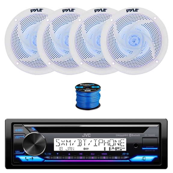 JVC KD-T92MBS Single DIN Marine Bluetooth AM/FM Stereo CD Player Receiver, 4X 6.5" 240 Watt 2-Way Slim Low Profile Blue Flashing LED Audio Speakers (White) w/ Wire