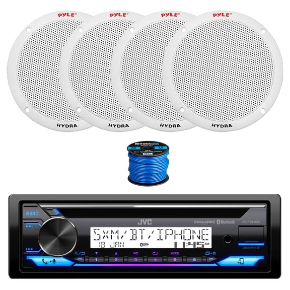 JVC KD-T92MBS Single DIN Marine Bluetooth AM/FM Stereo CD Player Receiver, 4X 6.5" 400 Watt 2-Way Dual Cone Full Range Audio Speakers (White) w/ Wire