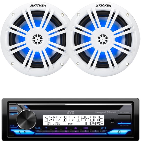 JVC KD-T92MBS Single-DIN Marine Bluetooth MotorSports USB/AUX AM/FM CD Player Stereo Receiver Bundle Combo One Pair (QTY 2) Of Kicker 51KM604WL KM 6.5" 150W Max Power 4O RGB LED Boat Coaxial Speakers